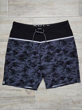 BYLT Basics Coastal Board Shorts Mens Stretch Dark Camo Drawstring Resort Pool L